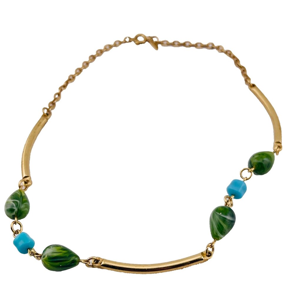 Sarah Coventry Gold Tone Turquoise Blue Green Stone Barrel Chain Necklace 15"